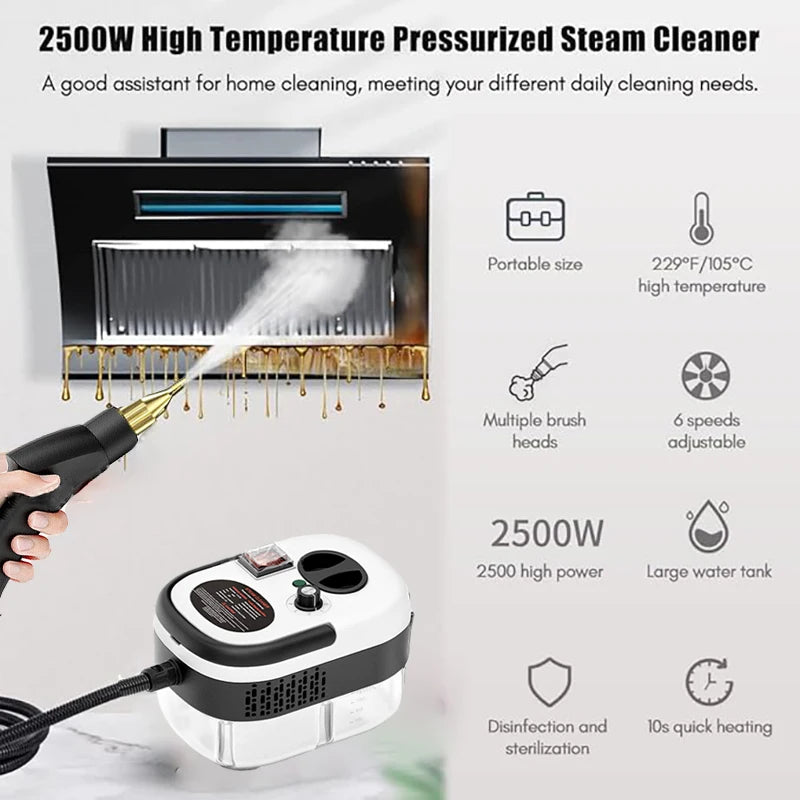 Electric Steam Cleaner 2500W High Pressure Portable Cleaning Machine with Glass Brushes, Car Seats Steam Home Use Kitchen Floors