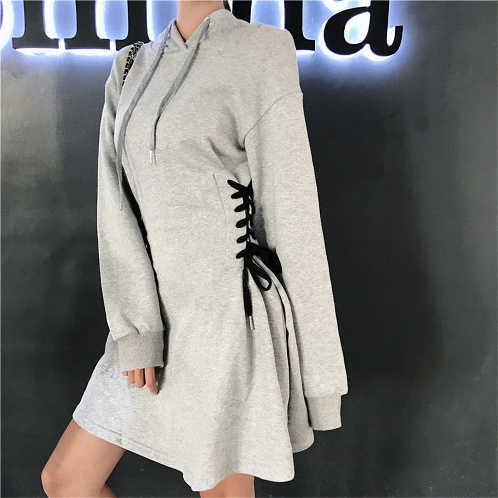 Streetwear Mini Dress Spring Autumn Korean High Waist Lace Up Slim Vestidos Women Harajuku Hooded Bandage A Line Dresses