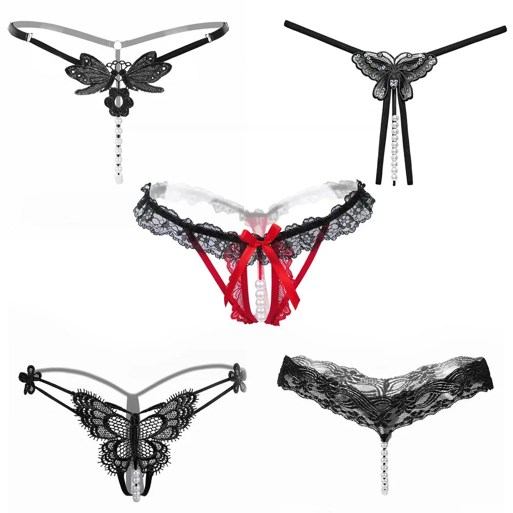 Sexy Pearl Beaded T-shaped Pants Underwear Women Lace Hollow Out Butterfly Embroidered G String Underpants Are Open Summer New