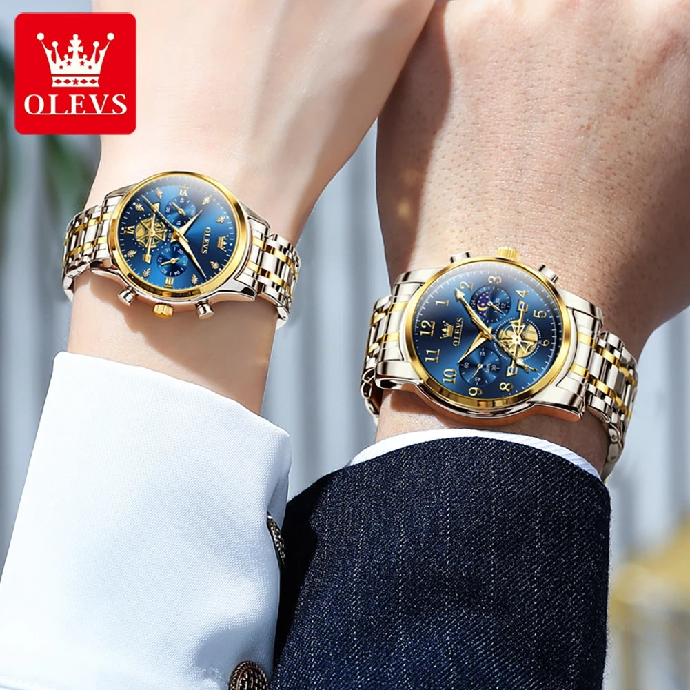 OLEVS Brand 2025 New Luxury Tourbillon Couple Quartz Watch Stainless Steel Waterproof Luminous Fashion Moon Phase Watches Lovers