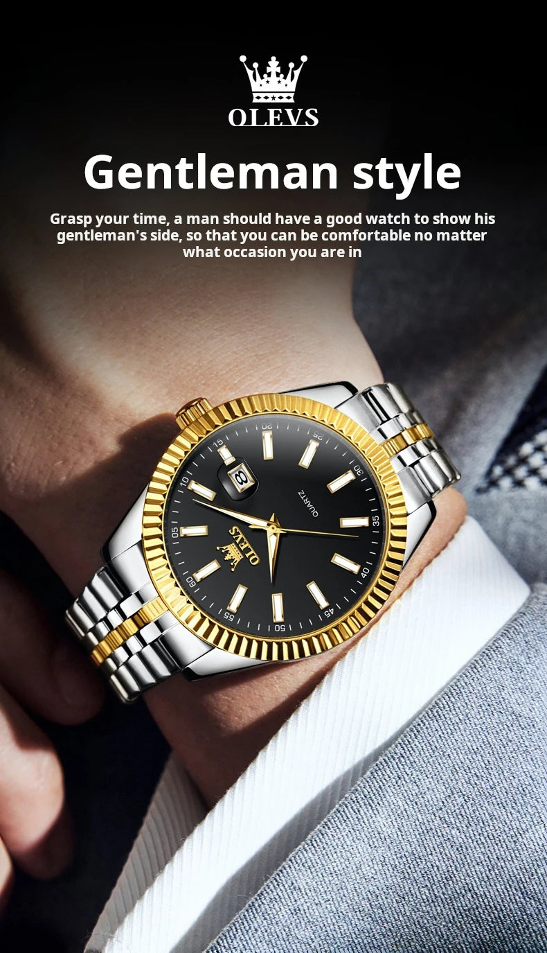 OLEVS Brand Luxury Gold Quartz Watch for Men Stainless Steel Waterproof Luminous Calendar Fashion Mens Watches Relogio Masculino