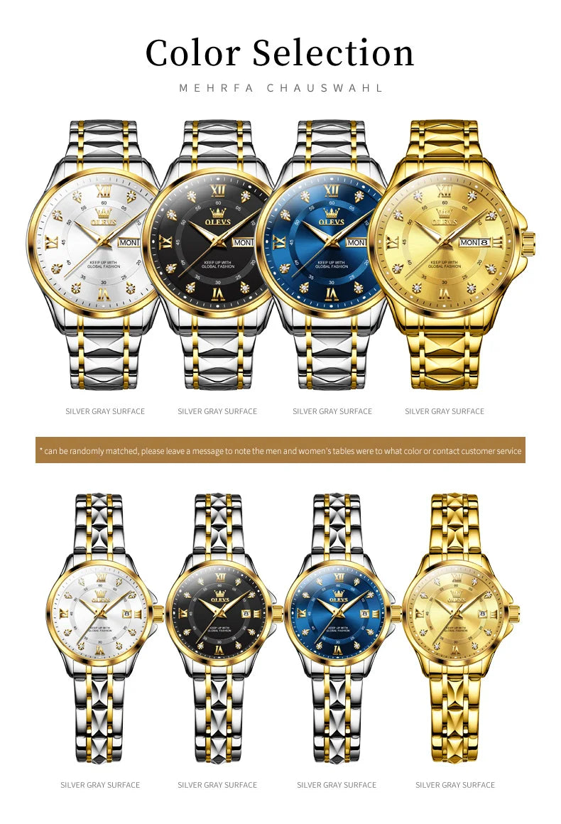 OLEVS 2906 Fashion Date Quartz Couple Watches Diamond Top Brand Luxury Watch For Men Women Waterproof Stainless Steel Wristwatch