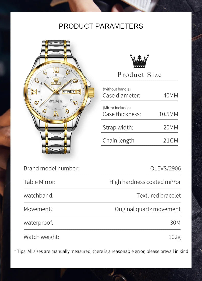 OLEVS 2906 Luxury Original Wristwatch For Man Luminous Week Date Waterproof Classic Business Dress Men's Quartz Watch