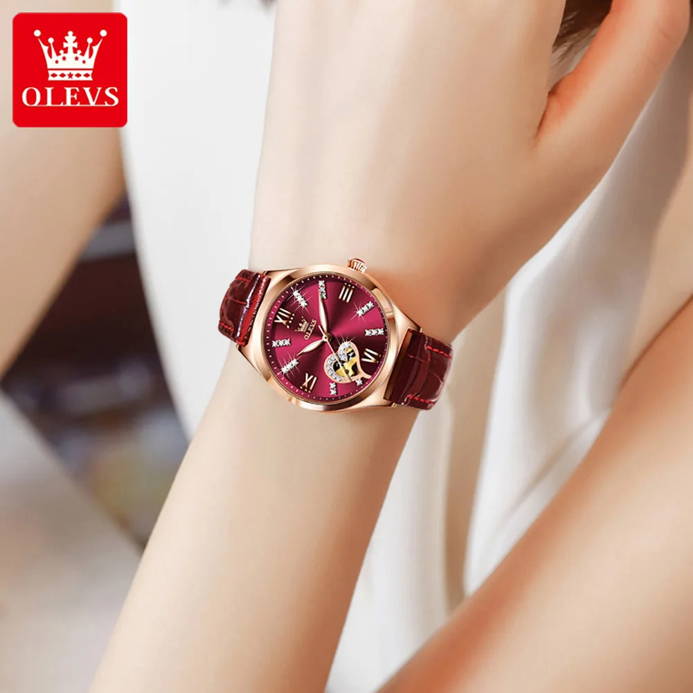 OLEVS 6636 Luxury Women Watch Fully Automatic Hollow Design Diamond Heart Shaped Watch Elegant Mechanical Women Bracelet Watch