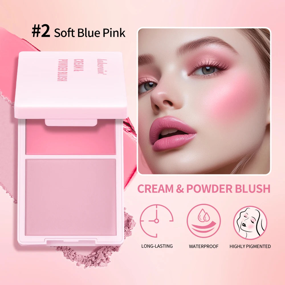 2IN1 Pink Blush Matte Dewy Rosy Blush With Brush Makeup Pan Long Wearing High Pigment Orange Red Cream & Powder Blush Palette