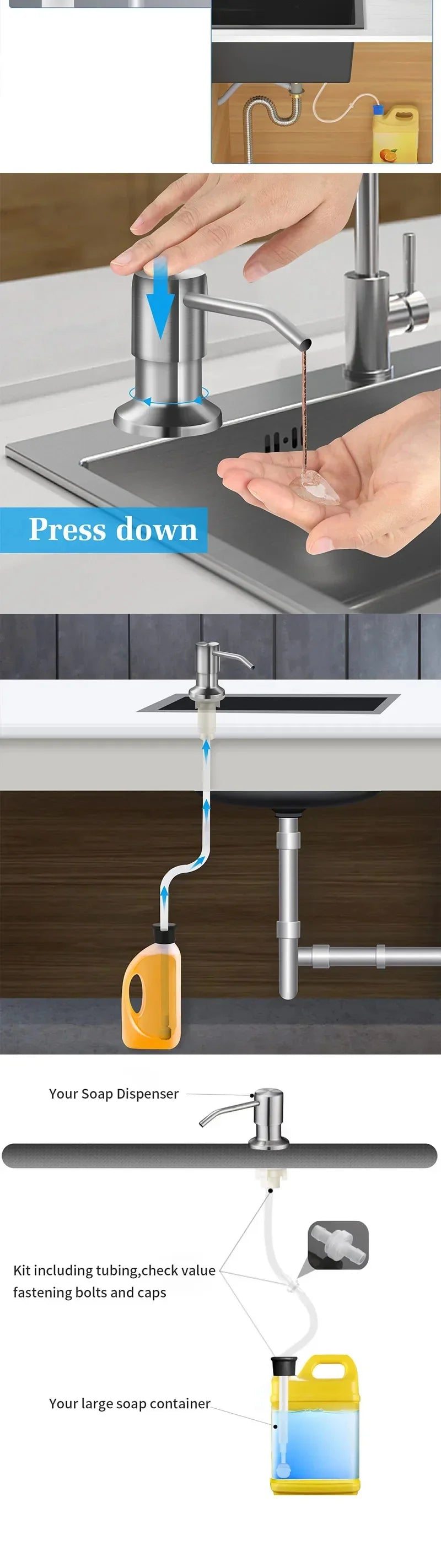 Stainless Steel Liquid Soap Dispenser Pump Kitchen Sink Hand Pressure Liquid Dispenser Kitchen Hardware Accessories