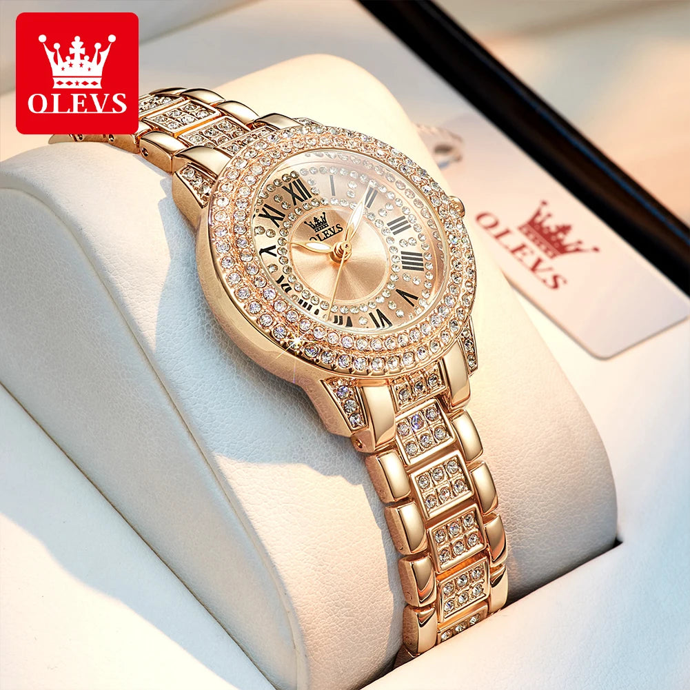 OLEVS Quartz Women's Watch Fashionable Retro Roman Scale Inlaid Diamond Waterproof dial Luxury Exquisite Elegant Women's Watch