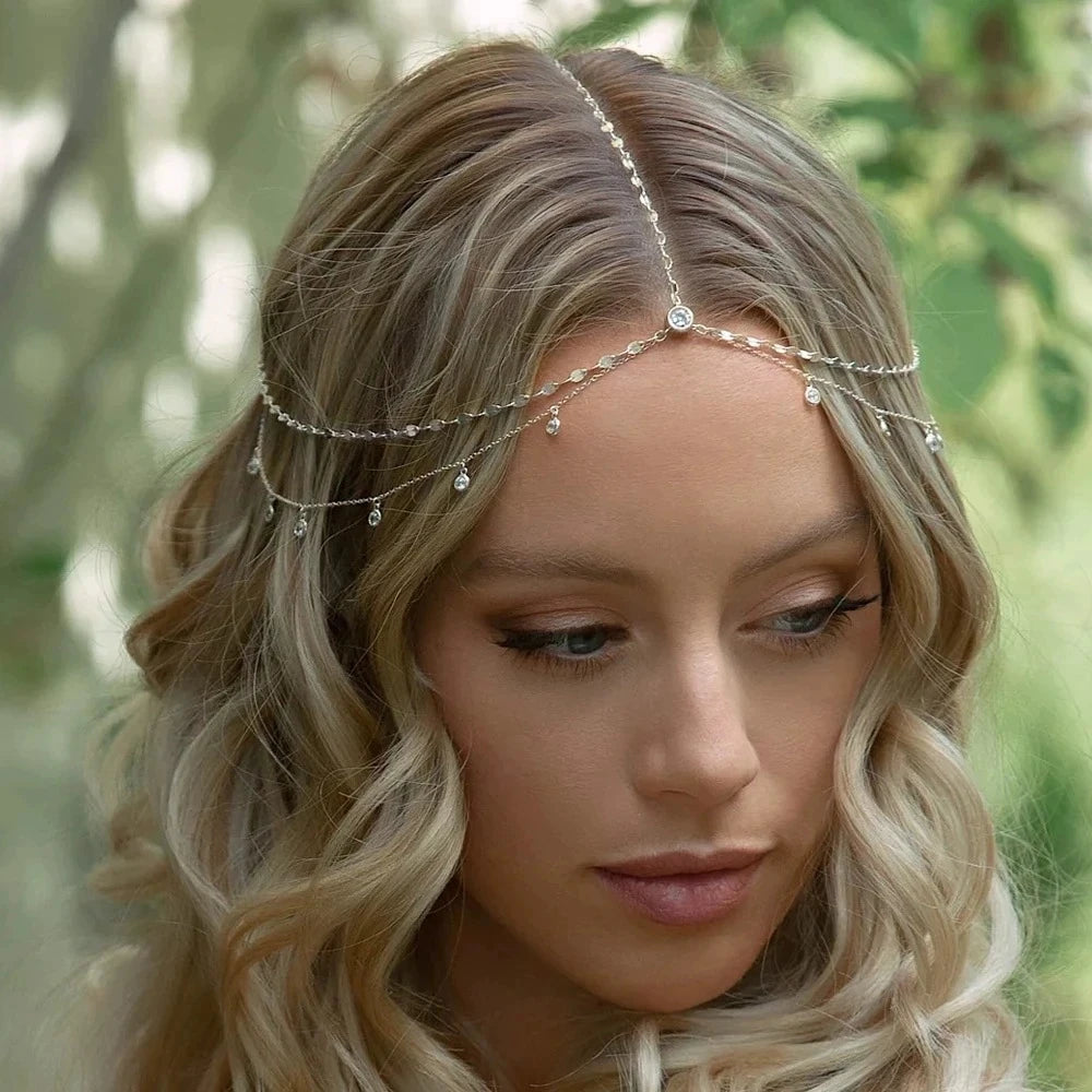 Fashion Boho Crystal Head Chain Wedding Hair Accessories Elegant Headpiece Bling Bridal Forehead Chain for Women Girls