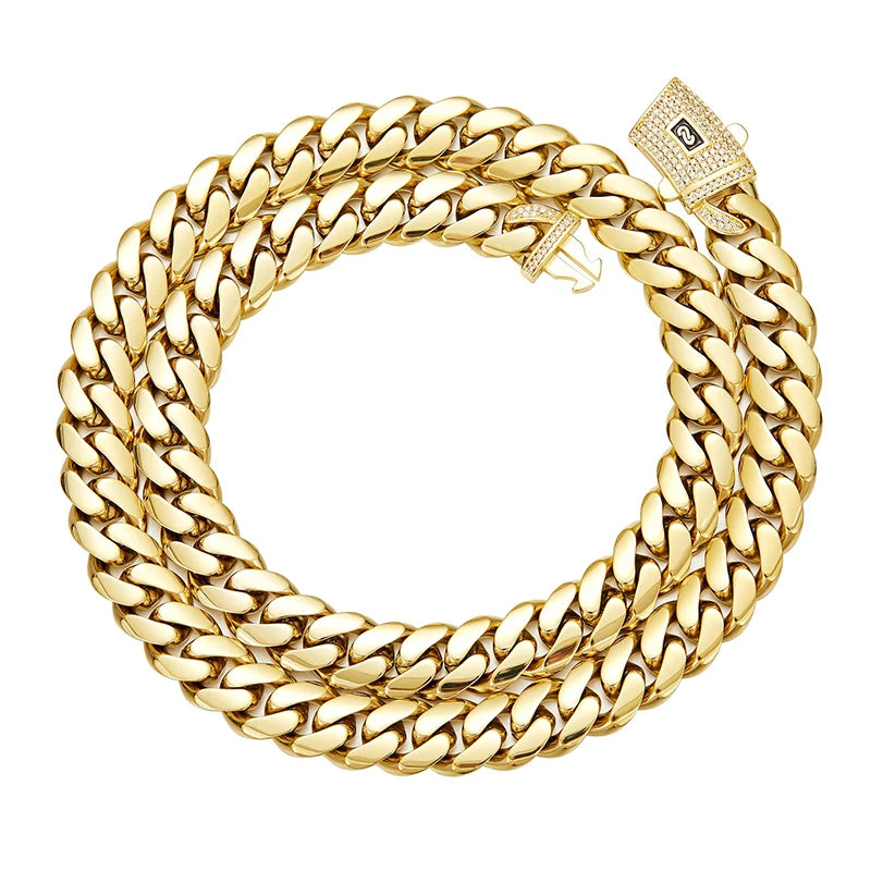 6-14mm Vacuum Plating Gold Color Stainless Steel Flat Cuban Miami Link Chains Necklaces for Men Hip Hop Rapper jewelry