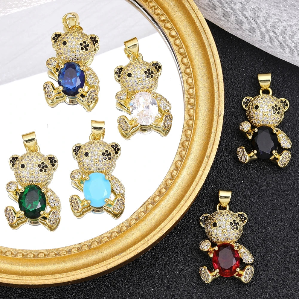 Juya 18K Real Gold Plated Decoration Animal Pendants Cz Bear Charms For DIY Women Kids Luxury Christmas Gift Jewelry Making