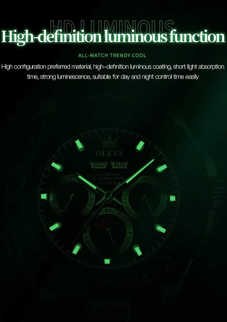 OLEVS 6654 Mens Watch Fashion Chronograph Automatic Mechanical Wristwatch Waterproof Luminous Function Top Brand Watch for Man