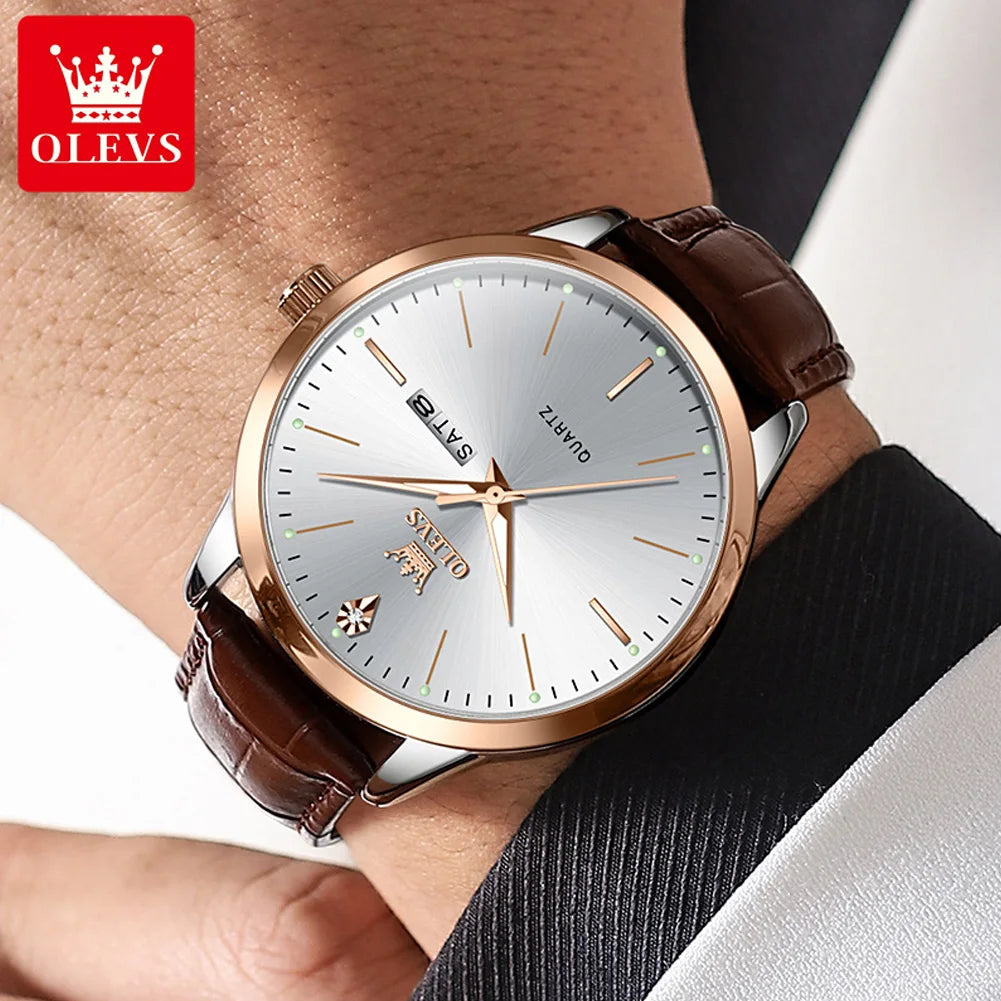 OLEVS 2935 Men Watch Luxury Brand Quartz Watch Business Leather Strap Double Calendar Waterproof Men's Watch Relogios Masculino