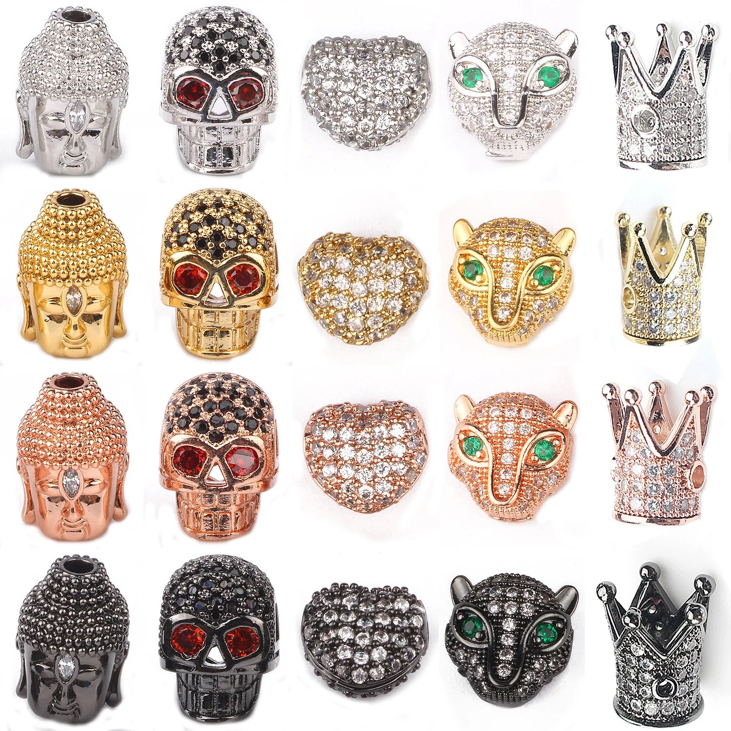 3pcs Micro Pave Zirconia Beads Heart Skull Shape Metal Cubic Zircon Beads for DIY Bracelet Necklace Design Jewelry Crafts Making