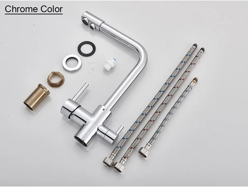 Chrome Purified Water Kitchen Faucet Pure Water Filter Deck Mounted Faucet Crane Dual Handles Hot Cold Water Mixer Taps