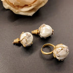 Brass Inlaid Baroque Pearl Flower Bud Stud Ring Set