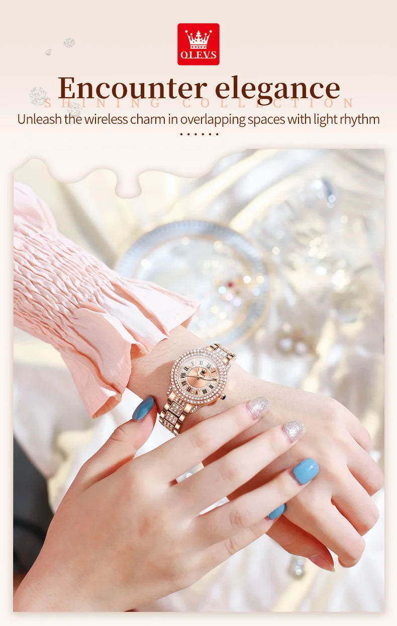 OLEVS 9943 Rose Gold Ladies Watch Stainless Steel Waterproof Full Diamond Quartz Watch for Women Set Gift