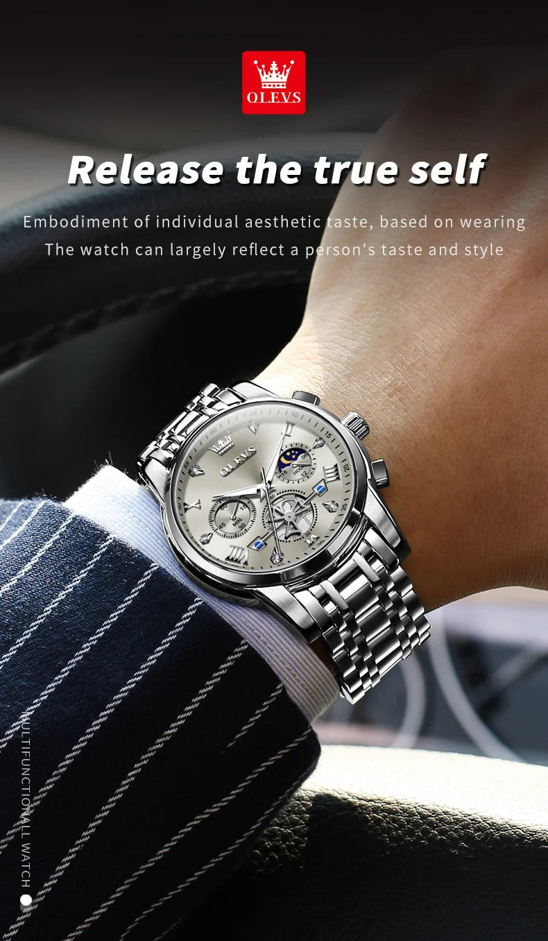 OLEVS Men's Watches Classic Multifunctional Flywheel Design Stainless steel Waterproof Moon Phase Men's Wristwatches 2024 Trend