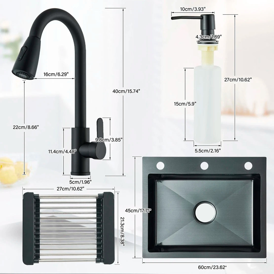 Matte Black 304 Stainless Steel kitchen Sinks Cold And Hot Water Mixer With Soap Dispenser And Cup Washer