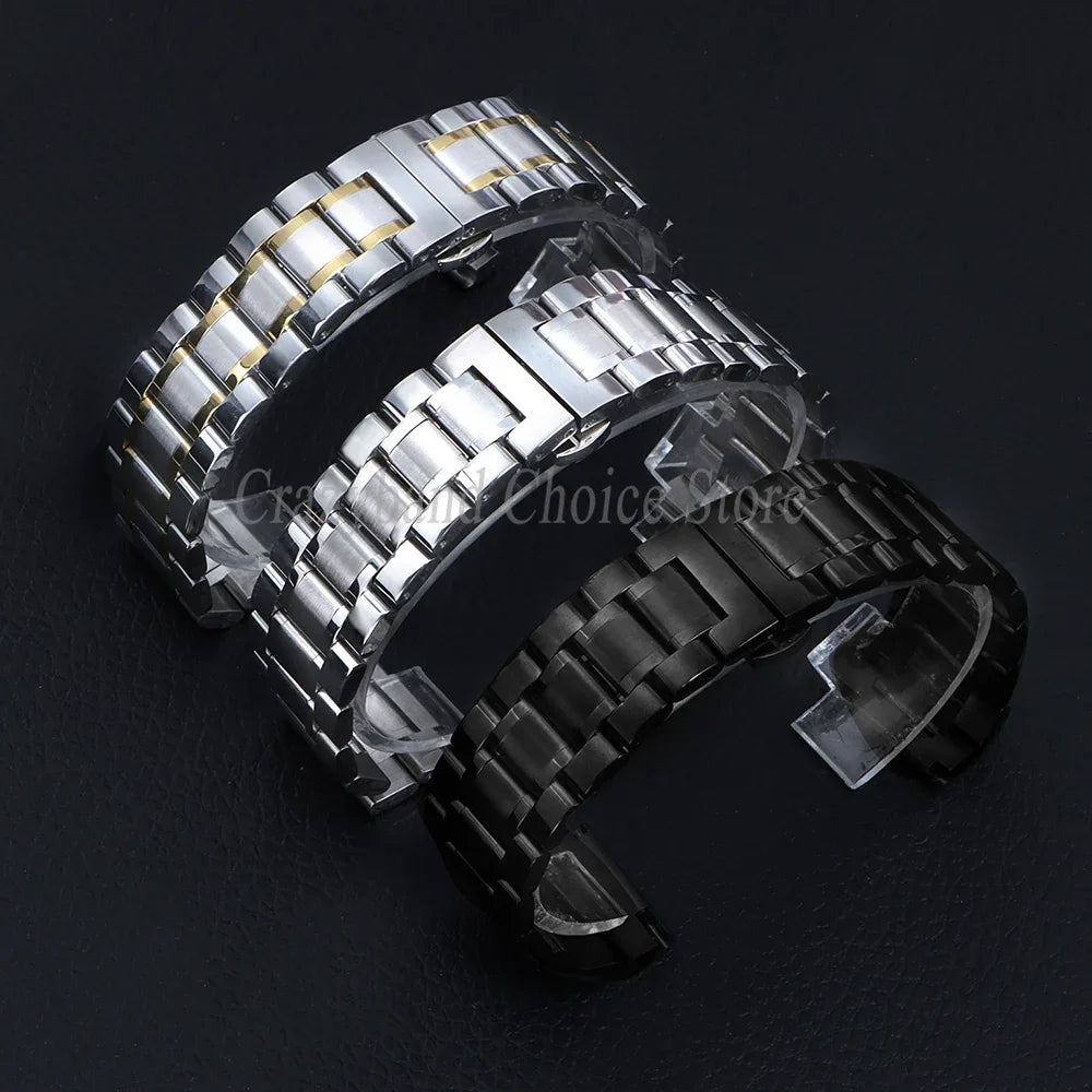 20mm22mm Arc Stainless Steel Watch Band 12/14/16mm 18mm 21mm 24mm Curved Universal Women Men Strap Silver Black Butterfly Buckle