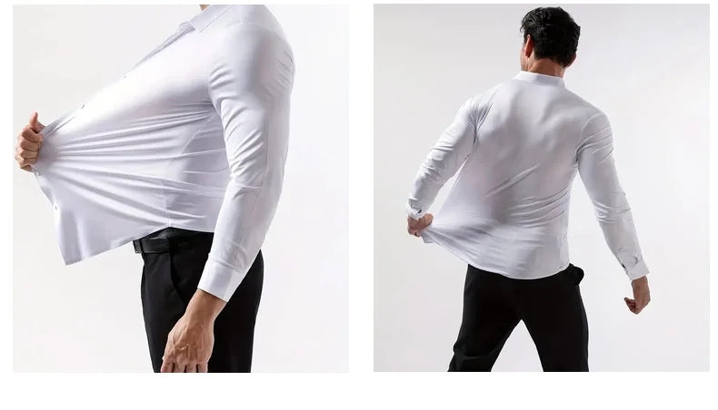 New Design Men's Solid Shirt Long Sleeve Autumn High Elasticity Casual Wrinkle Free No ironing Business Formal White Blue Social