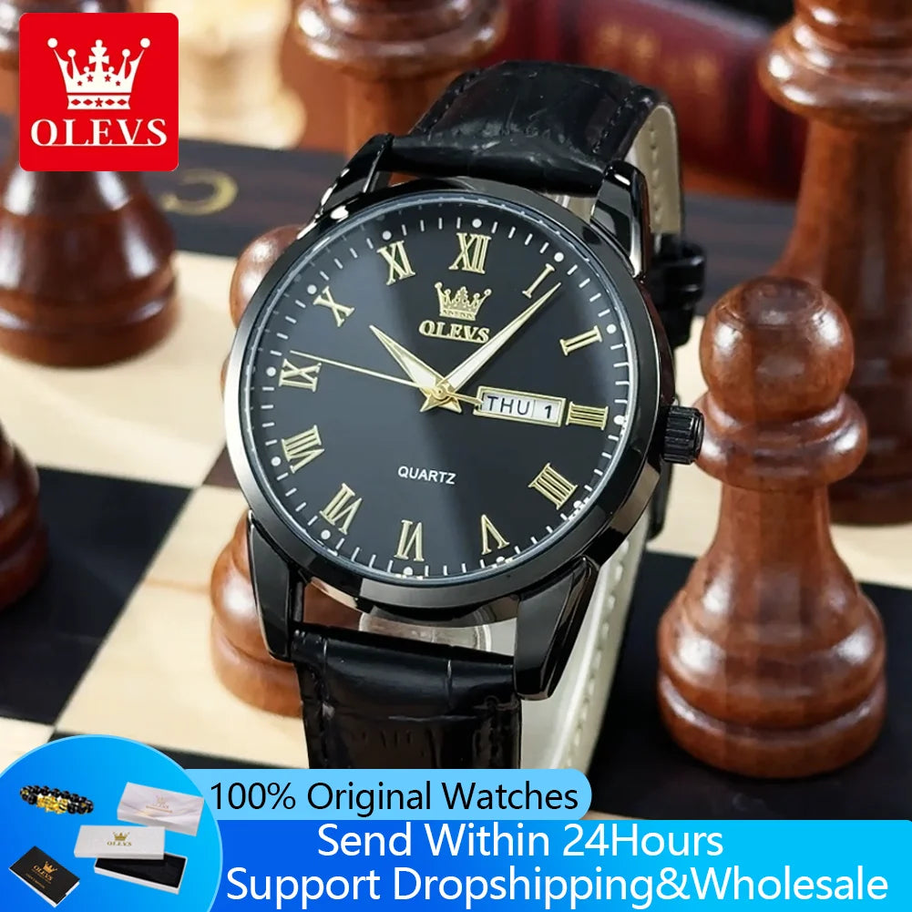 OLEVS 5892 Watches for Men Leather Strap Dual Calendar Roman Scale Simple Elegant Luxury Original Quartz Men's Watches