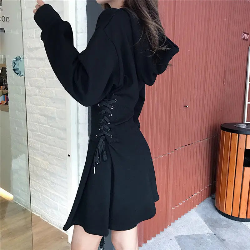 Streetwear Mini Dress Spring Autumn Korean High Waist Lace Up Slim Vestidos Women Harajuku Hooded Bandage A Line Dresses