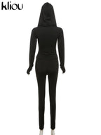 kliou Casual Women 2 Piece Set Classic Tracksuits Solid Long Sleeve Zip-up Hood Tops+Slim Elastic Pants Sporty Concise Outfits