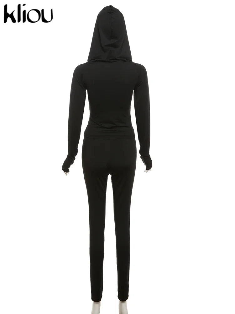 kliou Casual Women 2 Piece Set Classic Tracksuits Solid Long Sleeve Zip-up Hood Tops+Slim Elastic Pants Sporty Concise Outfits