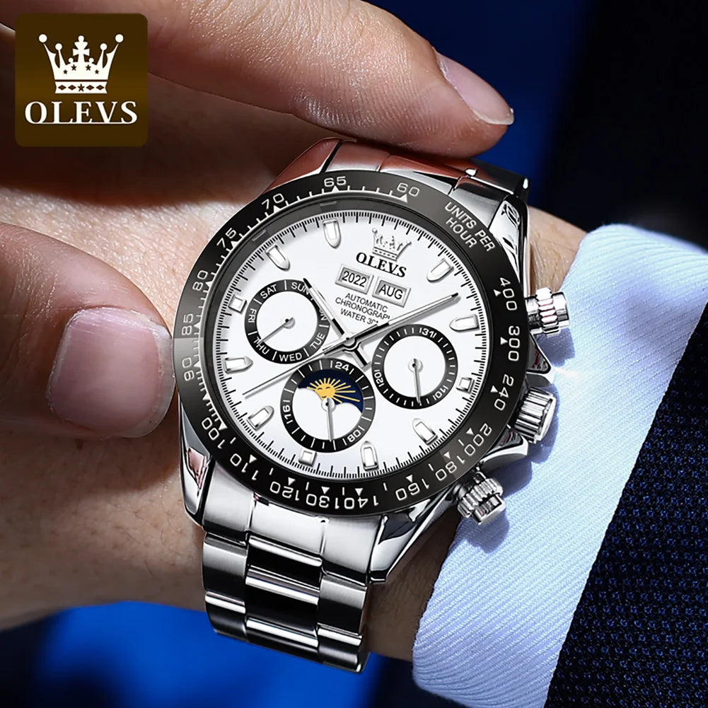 OLEVS 6654 Luxury Brand Original Automatic Man Watch Stainless Steel Waterproof Moon Phase Dual Calendar Mechanical Wristwatches