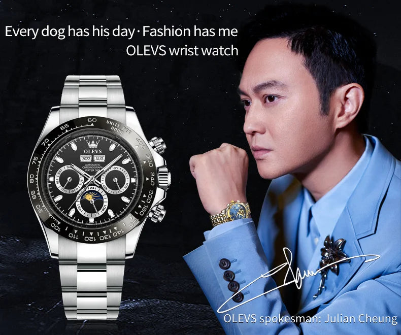 OLEVS 6654 Mens Watch Fashion Chronograph Automatic Mechanical Wristwatch Waterproof Luminous Function Top Brand Watch for Man