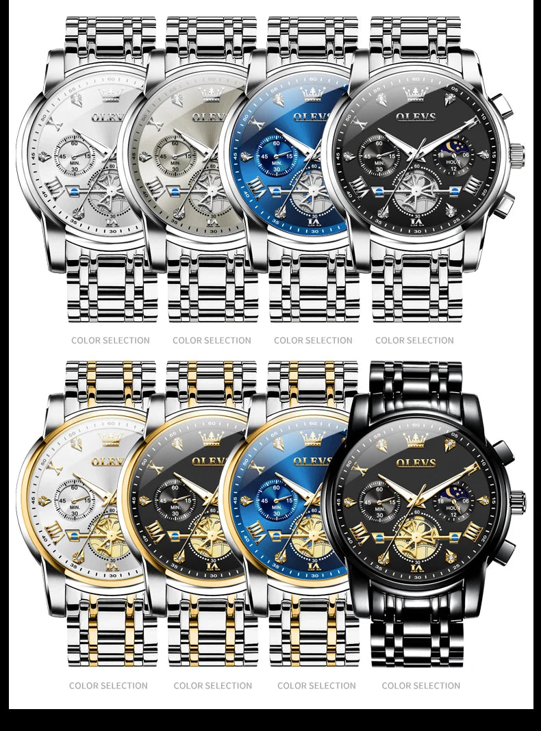 OLEVS Men's Watches Classic Multifunctional Flywheel Design Stainless steel Waterproof Moon Phase Men's Wristwatches 2024 Trend