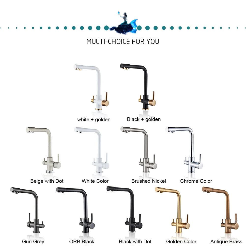 Chrome Purified Water Kitchen Faucet Pure Water Filter Deck Mounted Faucet Crane Dual Handles Hot Cold Water Mixer Taps
