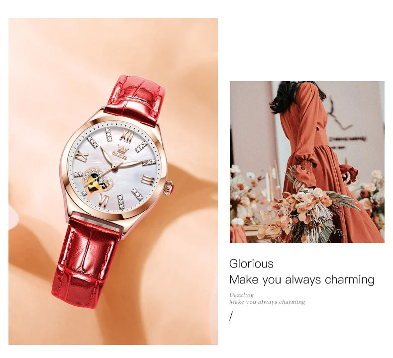OLEVS Luxury Brand Skeleton Heart Dial Automatic Mechanical Women Watch Ladies Watches Ladies Waterproof Wristwatch Female