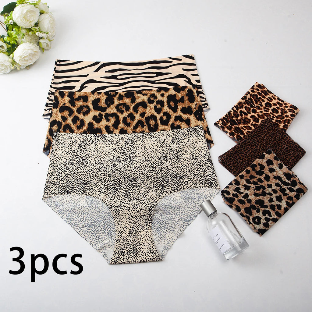 3pcs Women's Seamless Ice Silk Panties Female Mid Waist Plus Size Leopard Print Underwear Girls Fashion Brief Lady Comfort Panty