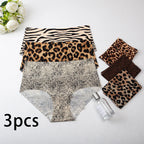 3pcs Women's Seamless Ice Silk Panties Female Mid Waist Plus Size Leopard Print Underwear Girls Fashion Brief Lady Comfort Panty