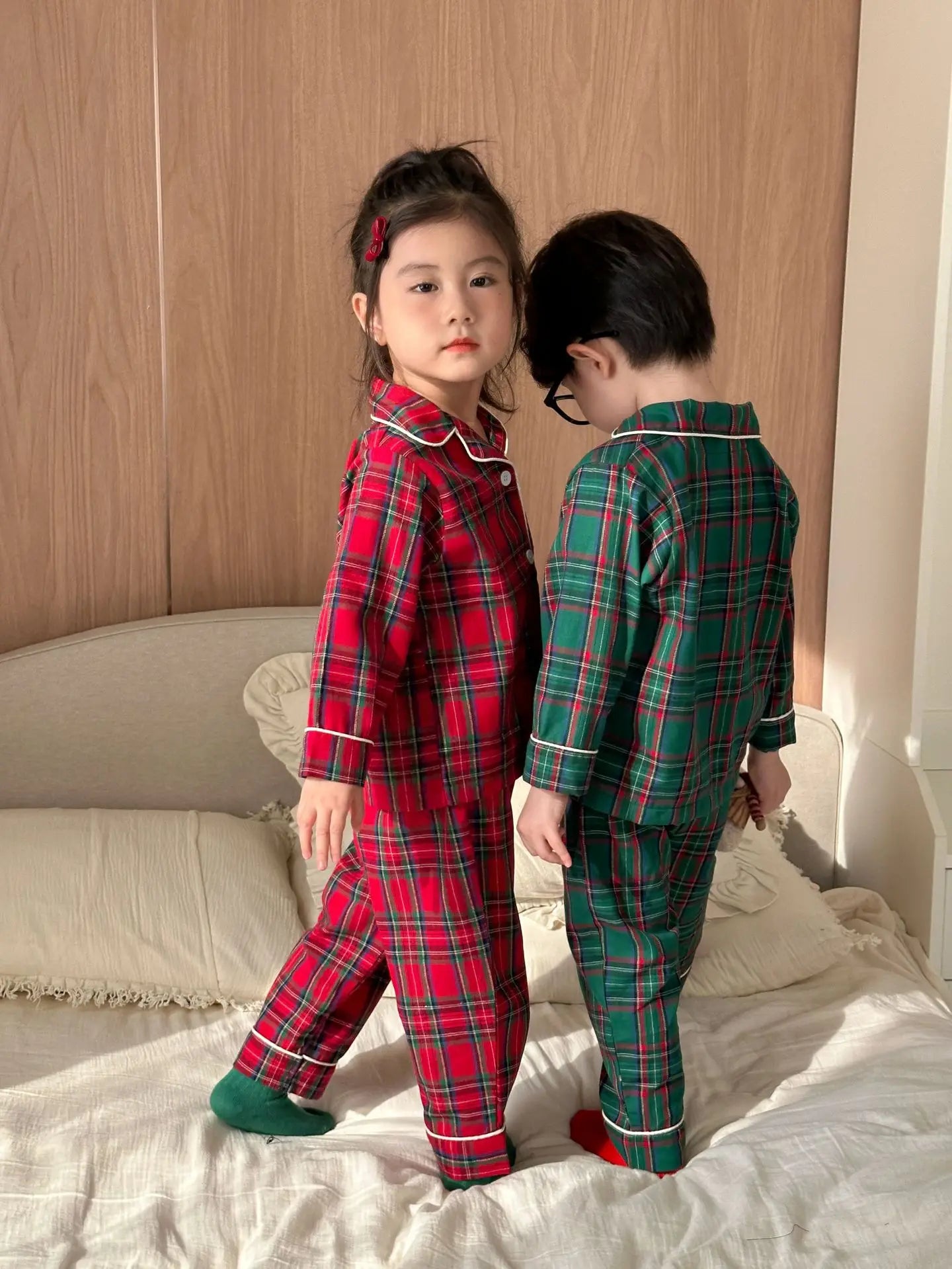 Merry Christmas Kids Pure Cotton Pajamas Set Plaid Print Turn-down Collar Button Shirt Trousers 2 Pieces Suit Homewear Xmas Look