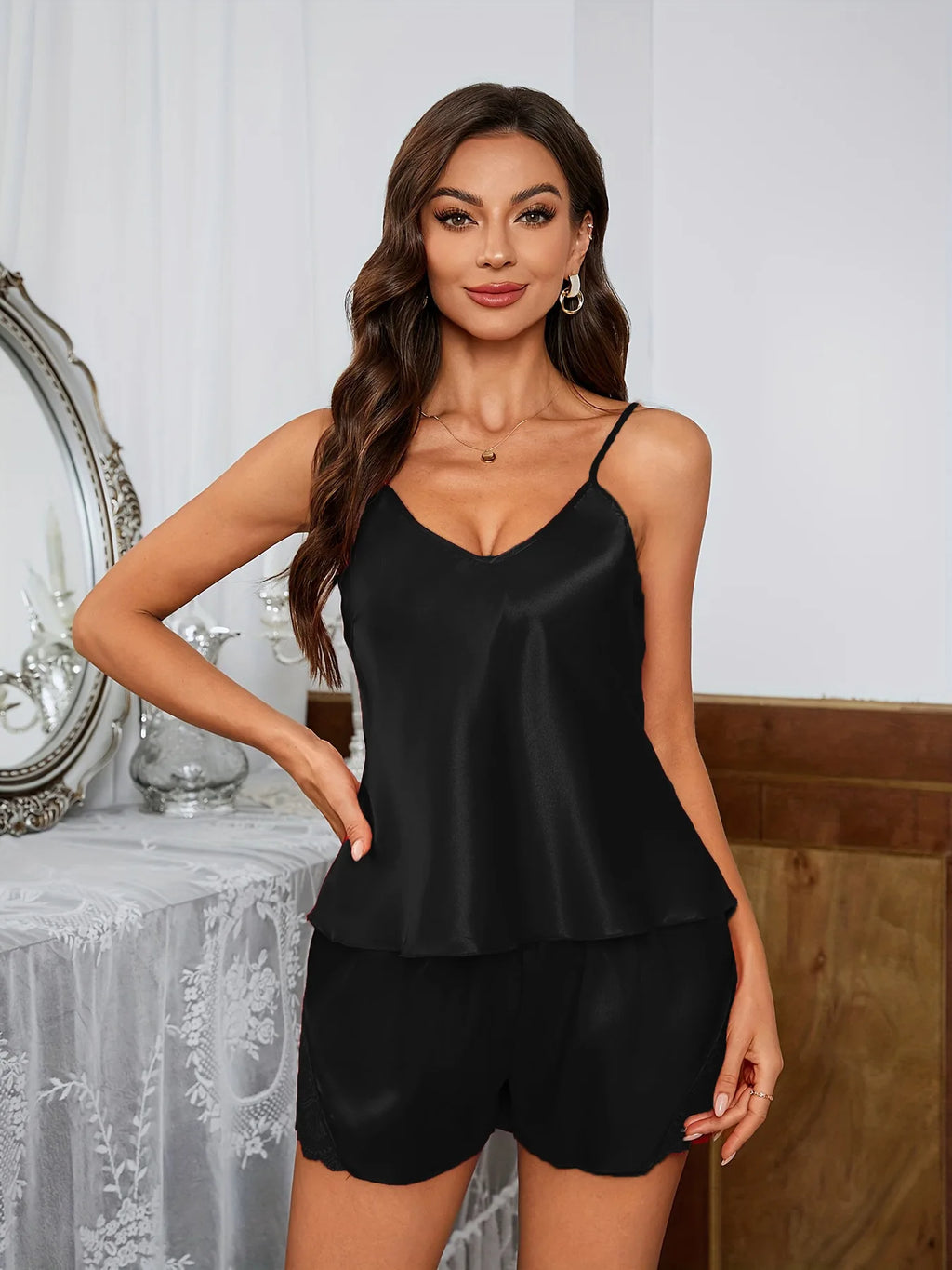 Sexy Pajama Sets Backless Deep V Lace Luxury Sleepwear Soft Satin Pajamas Set for Women Comfortable Short Sleeve Cami Shorts