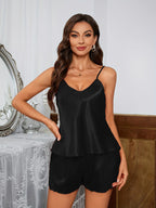 Sexy Pajama Sets Backless Deep V Lace Luxury Sleepwear Soft Satin Pajamas Set for Women Comfortable Short Sleeve Cami Shorts