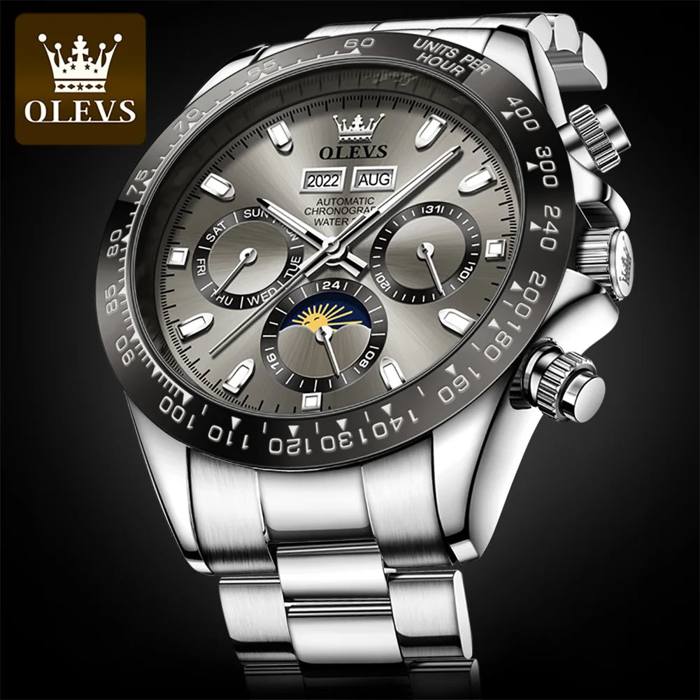 OLEVS 6654 Luxury Men's Automatic Mechanical Watch Original Stainless Steel Waterproof Moon Phase Chronograph Brand Men Watch
