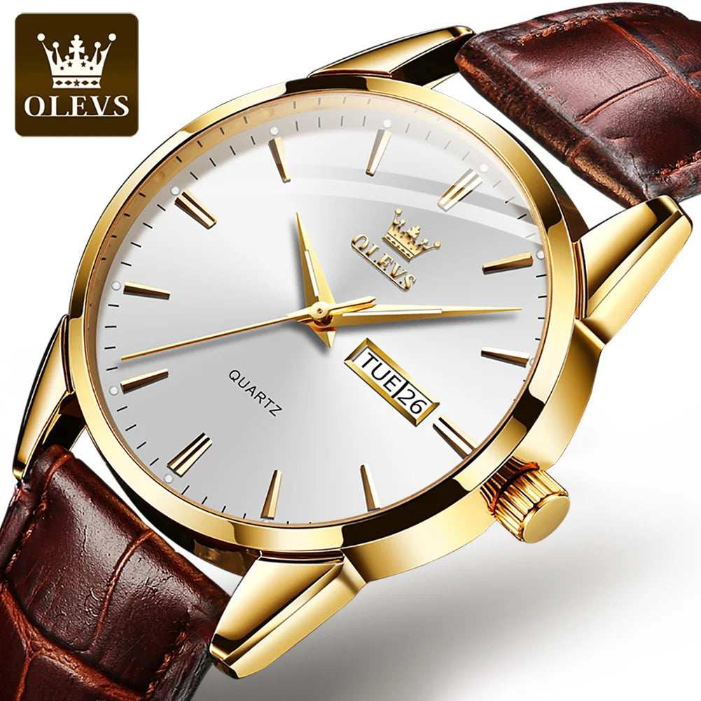 OLEVS 6898 Waterproof Sports Mens Wristwatches Luxury Shock-resistant Calendar Genuine Luminous Quartz Leather Watch for Men