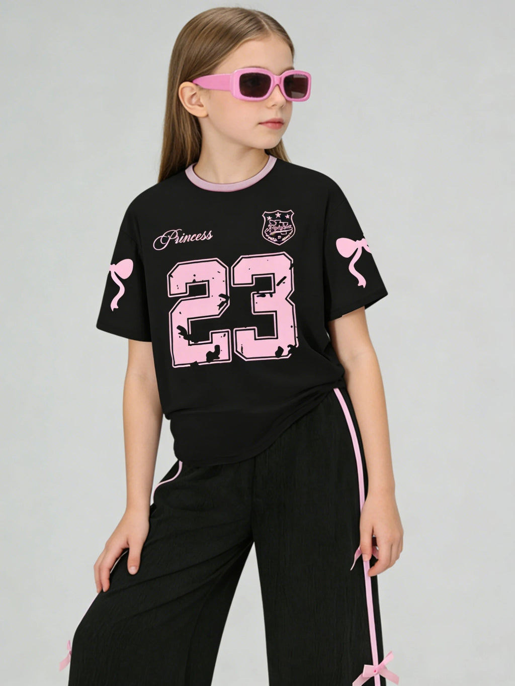 Kids Girls 2-Piece Casual Outfit, Black Pink Number 23 Bow Print Short Sleeve T-Shirt & Side Stripe Bow Decor Wide Leg Pants Set