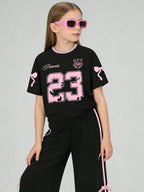 Kids Girls 2-Piece Casual Outfit, Black Pink Number 23 Bow Print Short Sleeve T-Shirt & Side Stripe Bow Decor Wide Leg Pants Set