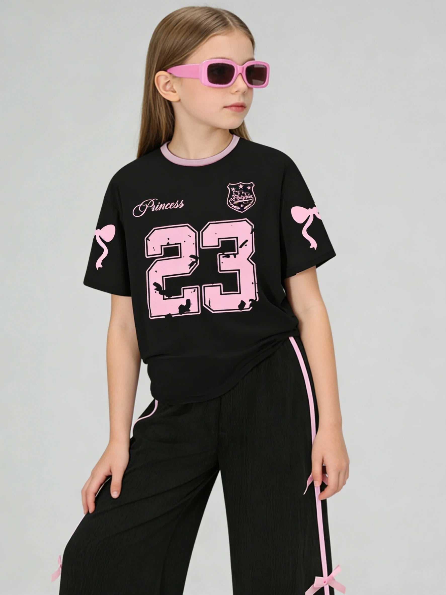 Kids Girls 2-Piece Casual Outfit, Black Pink Number 23 Bow Print Short Sleeve T-Shirt & Side Stripe Bow Decor Wide Leg Pants Set