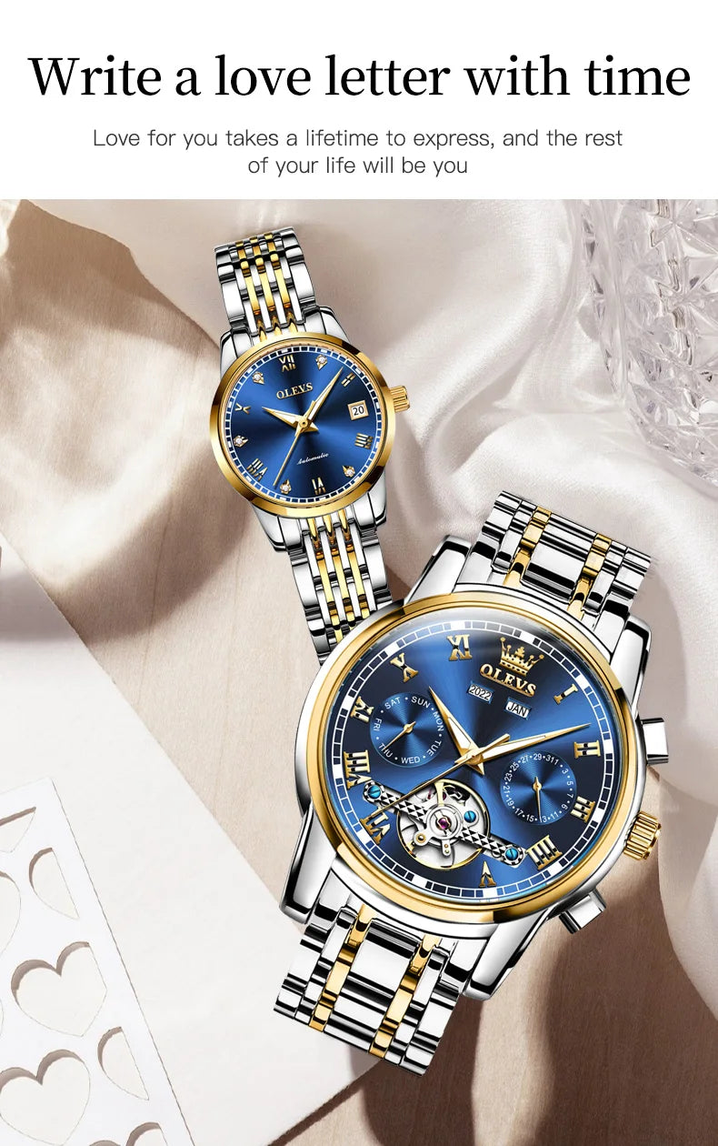 OLEVS 6607+6602 Original Men Women Watch Luxury Brand Tourbillon Mechanical Watch High end Romantic Lover Date Gift Couple Watch