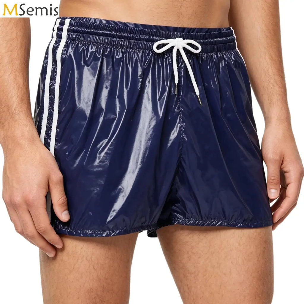 Men's Swimsuit Shiny Boxer Shorts Drawstring Waist Athletic Bottoms Elastic Waistband Built-in Briefs Swimming Trunks Swimwear