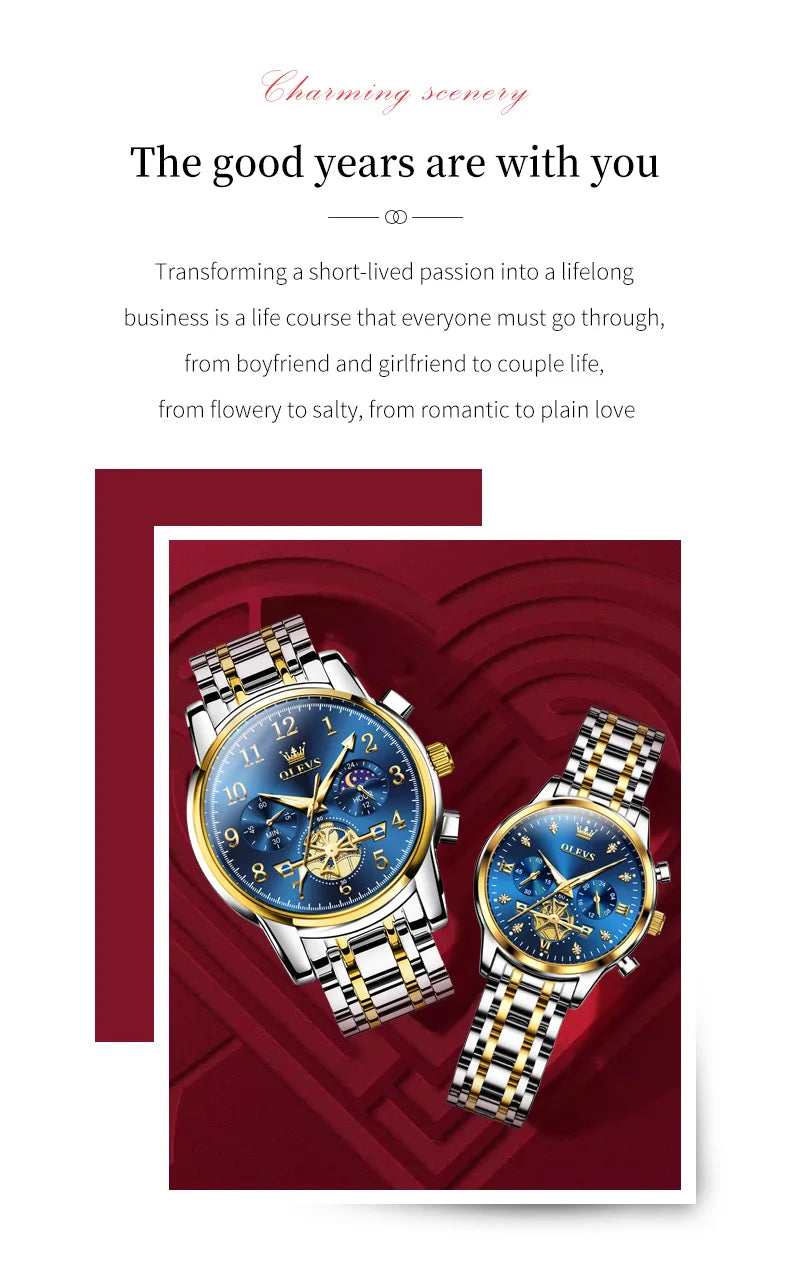 OLEVS Brand 2025 New Luxury Tourbillon Couple Quartz Watch Stainless Steel Waterproof Luminous Fashion Moon Phase Watches Lovers