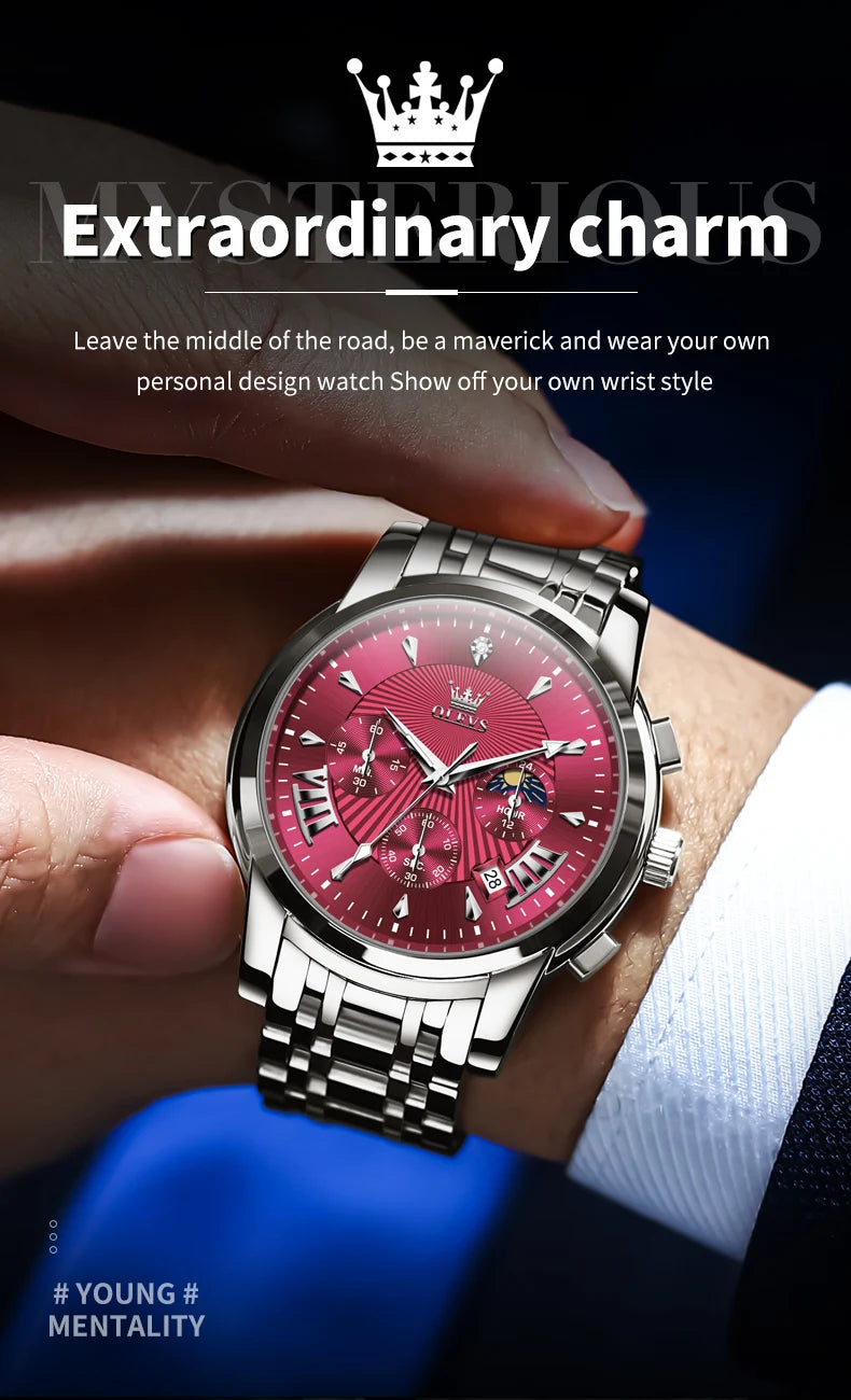 OLEVS 2892 Mens Watch Original Business Quartz Watch Moon Phase Multifunctional Chronograph Watches For Men With Box Reloj New