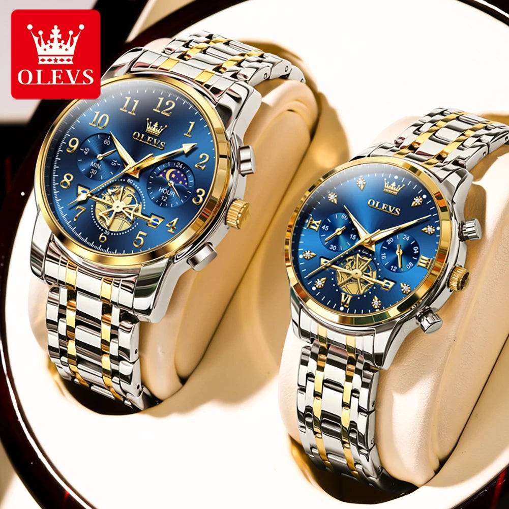 OLEVS Brand 2025 New Luxury Tourbillon Couple Quartz Watch Stainless Steel Waterproof Luminous Fashion Moon Phase Watches Lovers