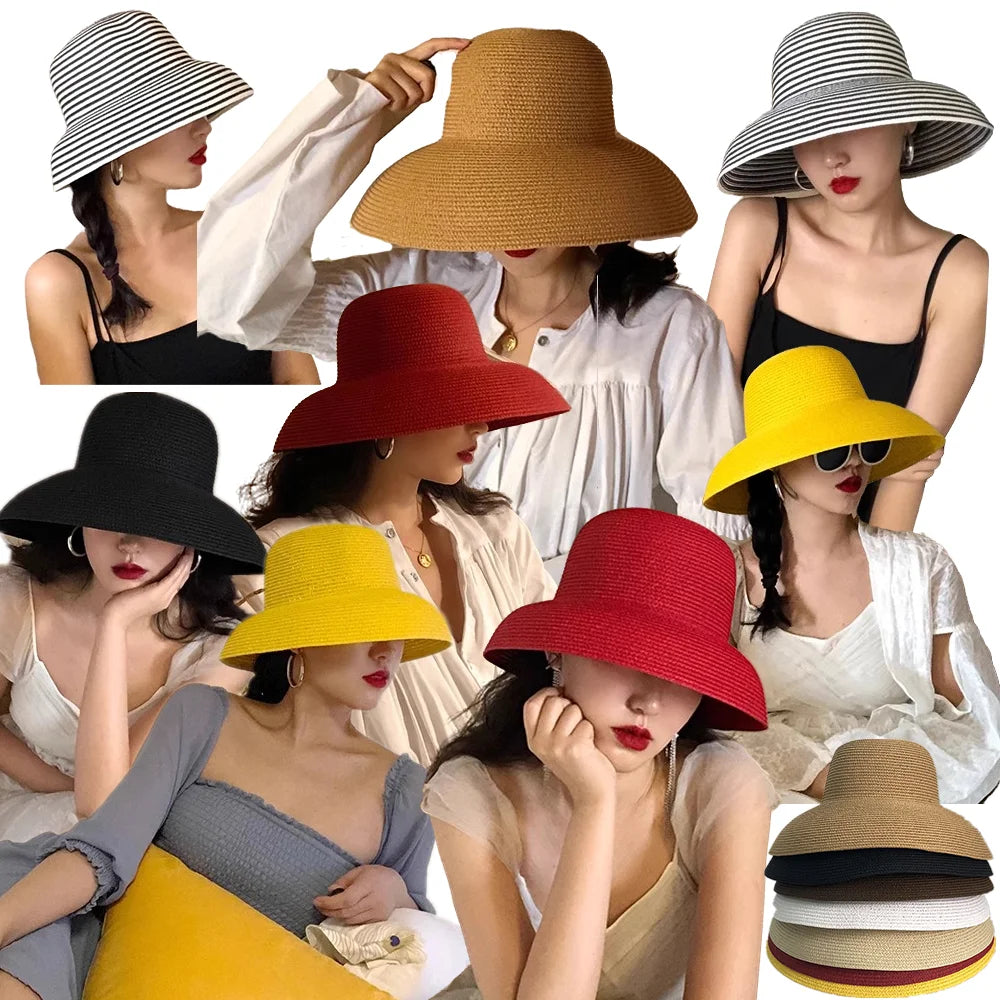 Summer Elegant Dome Straw Hats Women Girl 13cm/8.5cm 2 Sizes Solid Color Beach Sun Hat Foldable Portable Travel Holiday Panama