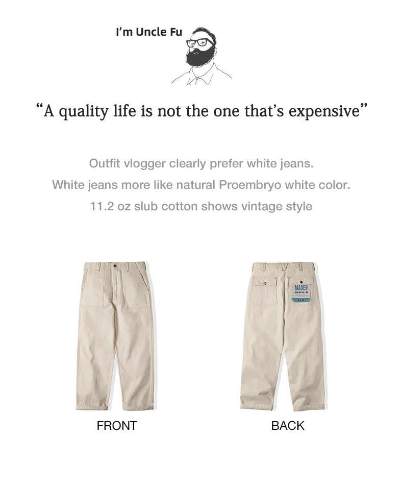 Maden Vintage 11.2oz White Cottonseed Hull Jeans Casual Loose Fit Straight Trousers for Men's Spring and Fall Chino Cargo Pants